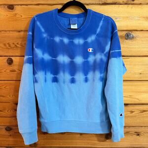 Champion Reverse Weave Sweatshirt Women Medium Tie Dye Top Blue Long Sleeves